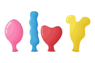 Şişirilmemiş hava balonları ayarlayın. Beyaz zemin üzerinde izole edilmiş farklı şekil vektör karikatürü şişirilmemiş balon.