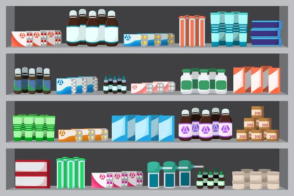 Medicine shelves in pharmacy shop, drugstore. Medicine pills capsules bottles vitamins and tablets. — Stock Vector