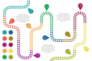 Tren rayları, istasyon haritası. Demiryolu güzergahı, metro istasyonlarının takibi üst görüş açısı, renkli merdivenler demiryolları..
