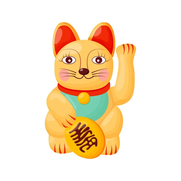 Maneki neko düz çizgi film çizimi. Japon folklor sembolü pankart tasarımı. Asya kültürü, şanslı kedi, gülümseyen kedi — Stok Vektör