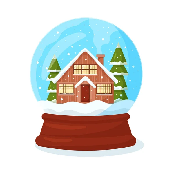 Karácsonyi hógömb egy ház, karácsonyfa és hó. Újévi ajándék és ünnepi hangulat. Üveggolyó hóval. — Stock Vector