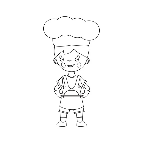 Coloring page of cartoon chef with dish. Little chef or scullion in an apron and chefs hat. Profession. — Wektor stockowy