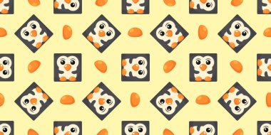 Penguen desenli kareler. Penguen yüzlü vektör arkaplan. Paketleme şablonu, bebek tekstil