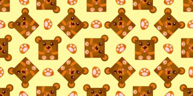 Kareler kusursuz desen taşır. Ayı yüzlü vektör arkaplanı. Paketleme şablonu, bebek tekstil