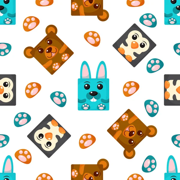 Squares rabbit, penguin, bear Seamless pattern. Vector Background with the faces of rabbit, penguin, bear. —  Vetores de Stock