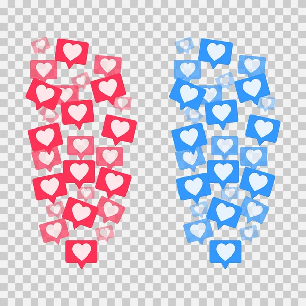 Flying corazones rojos sobre un fondo blanco. Blogging. Corriente. Le gusta en línea. Concepto de redes sociales. — Vector de stock