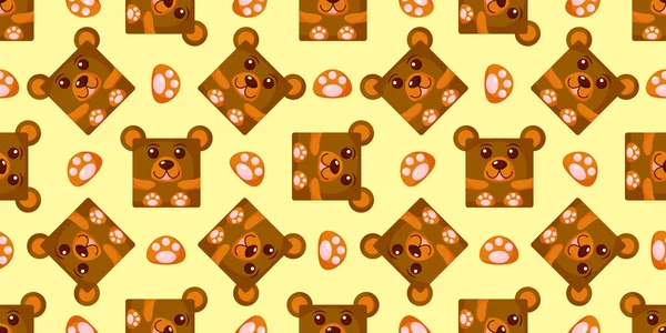 Los cuadrados tienen un patrón sin costuras. Fondo vectorial con las caras de oso. Plantilla para el embalaje, bebé textil — Archivo Imágenes Vectoriales