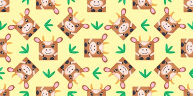 İnek desenli kareler. İnek yüzlü vektör arkaplan. Paketleme şablonu, bebek tekstil