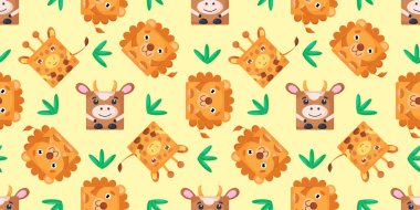 Kareler inek, aslan, zürafa desenli. İnek, aslan, zürafa yüzlü vektör arkaplan. 