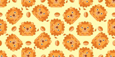 Aslan desenli kareler. Aslan yüzlü vektör arkaplan. Paketleme şablonu, bebek tekstil