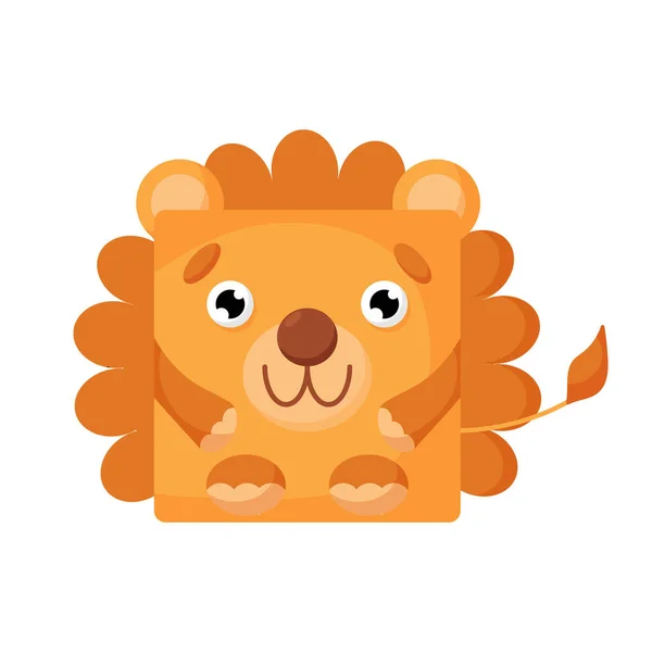Cute cartoon square animal lion face, vector zoo sticker isolated on white background. — Vettoriale Stock