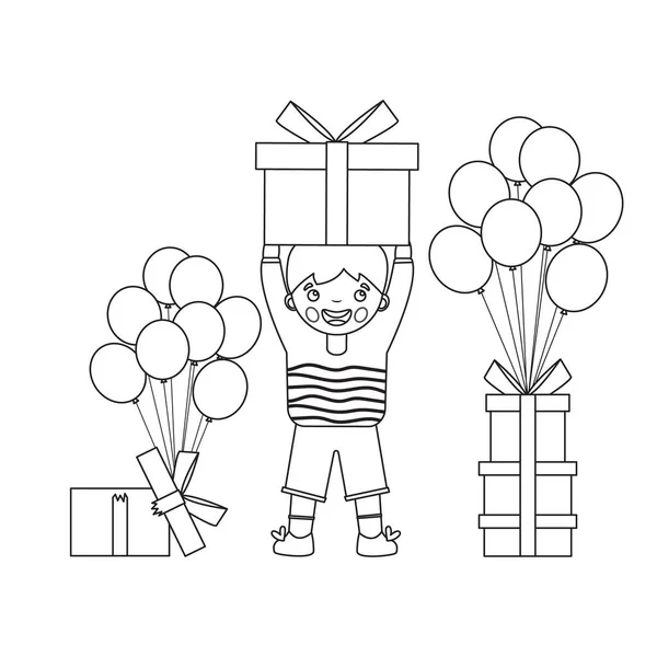 Desenho da página de colorir Do menino dos desenhos animados com presentes no feriado. Aniversário. Livro para colorir para crianças —  Vetores de Stock