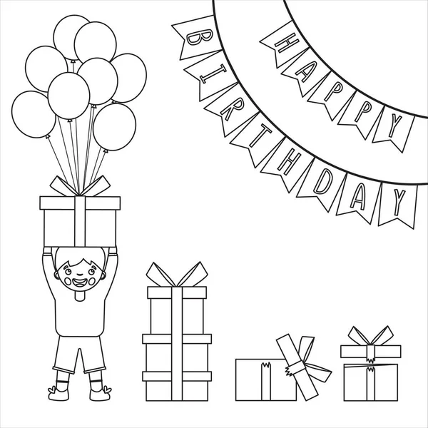 Розмальовка сторінка Начерки мультиплікаційного хлопчика з подарунками на святі. День народження. Розмальовка для дітей — стоковий вектор