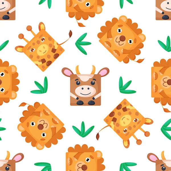 Squares cow, lion, giraffe Seamless pattern. Vector Background with the faces of cow, lion, giraffe. — стоковый вектор
