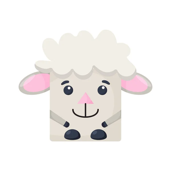 Cara de oveja animal cuadrada de dibujos animados lindo, etiqueta engomada del zoológico del vector aislado en fondo blanco. — Archivo Imágenes Vectoriales