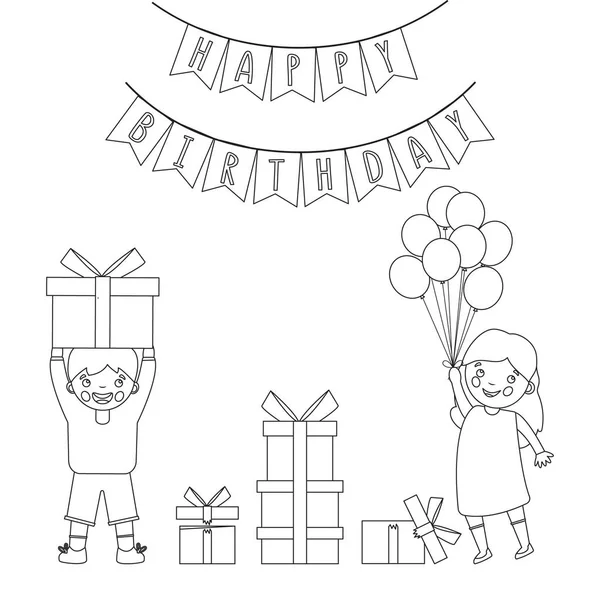 Розмальовка сторінка Начерки дітей з подарунками на святі. День народження. Розмальовка для дітей — стоковий вектор
