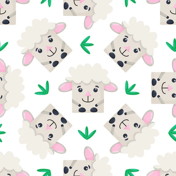 Praças ovelhas padrão sem costura. Fundo vetorial com os rostos de ovelhas. Modelo para a embalagem, tecido para bebé —  Vetores de Stock