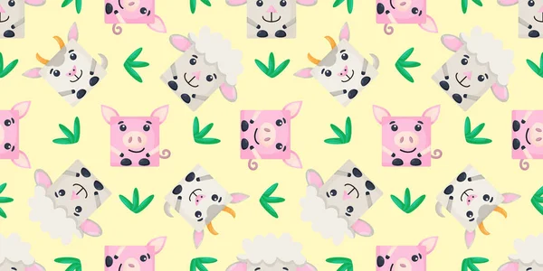 Squares pig, sheep, goat Seamless pattern. Vector Background with the faces of pig, sheep, goat. — Stock Vector