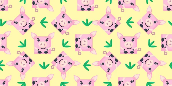 Squares pig Seamless pattern. Vector Background with the faces of pig. Template for the packaging, baby textile — Stock Vector