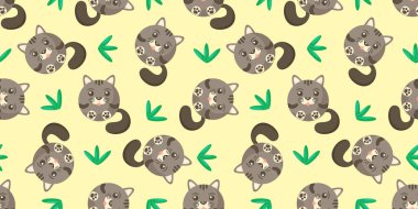 Kedilerin kusursuz vektör deseni. Arka planda yuvarlak kedi yavruları