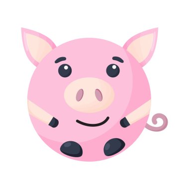 Tatlı çizgi film, yuvarlak, domuz suratlı, beyaz arka planda izole edilmiş vektör hayvanat bahçesi etiketi. Vektör illüstrasyonu