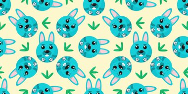 Yuvarlak Tavşanlar. Tavşan yüzlü vektör arkaplan. Paketleme şablonu, bebek tekstil.