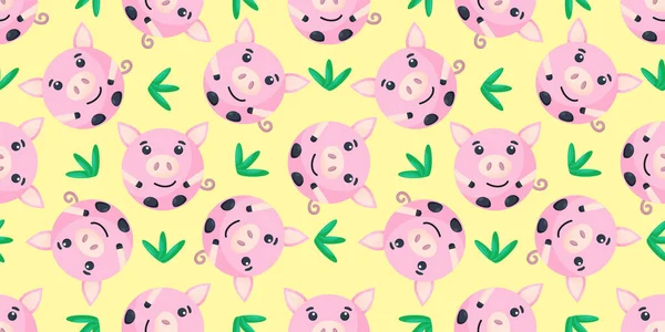 Round pig Seamless pattern. Vector Background with the faces of pig. Template for the packaging, baby textile. — Stock Vector