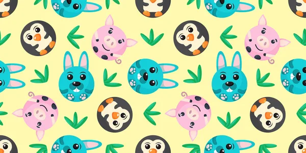 Naadloze vector patroon van pinguïn, konijn, varken. Ronde schapen, kat, uil op achtergrond Vectorbeelden