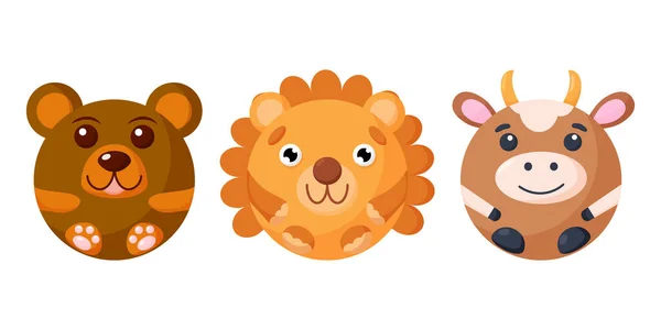 Leuke cartoon ronde dier beer, leeuw, koe gezicht, vector dierentuin sticker geïsoleerd op witte achtergrond. — Stockvector