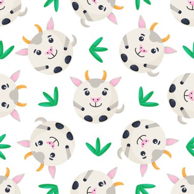Yuvarlak, kusursuz keçi deseni. Keçi yüzlü vektör arkaplan. Paketleme şablonu, bebek tekstil.