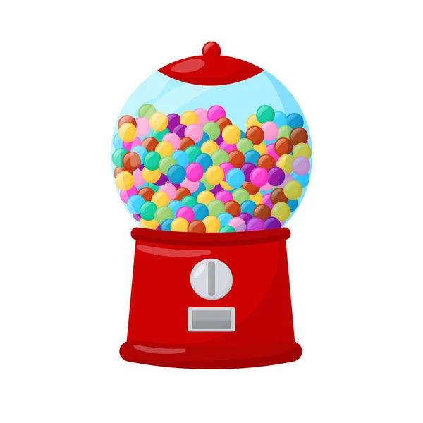 Gumball machine. Distributeur de bonbons en verre rond transparent avec gomme à bulles colorée. Icône vectorielle plate isolée sur blanc. — Image vectorielle