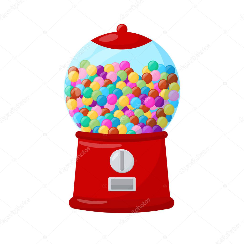 Gumball machine. Transparent round glass candy dispenser with colorful bubble gum. Vector illustration flat icon isolated on white. Vector illustration
