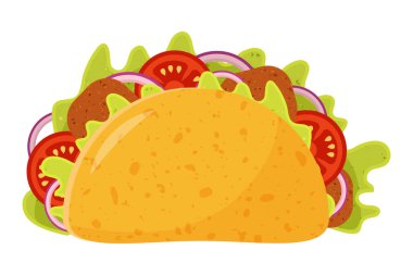 Et ve sebzeli taco. Geleneksel Meksika fast-food 'u. Taco Meksika yemeği, tortilla, marul, domates