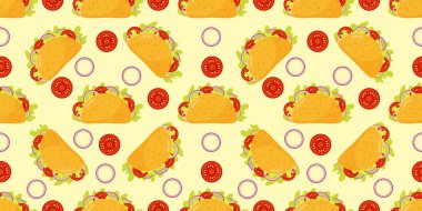 Taco kusursuz desen. Geleneksel Meksika yemekleri geçmişi. Mısır tortilla ve yay süsü. Domates ve taze et..