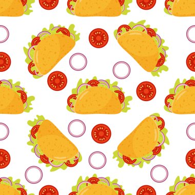 Taco kusursuz desen. Geleneksel Meksika yemekleri geçmişi. Mısır tortilla ve yay süsü. Domates ve taze et..