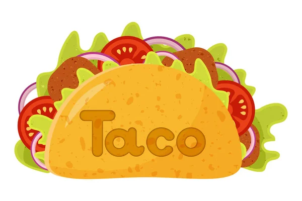 Tacos à la viande et aux légumes. Un fast-food mexicain traditionnel. Taco Mexique nourriture avec tortilla, feuilles de laitue, tomate — Image vectorielle