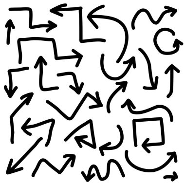 Elle çizilmiş okların siyah yönlü çizim sembolleri. Beyaz arkaplandaki web tasarımı grafikleri için. Vektör illüstrasyonu