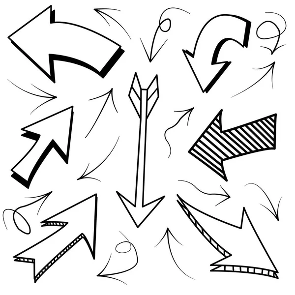 一套黑色方向铅笔草图符号的涂鸦手绘箭头 用于白色背景的网页设计图形 矢量说明 — 图库矢量图片