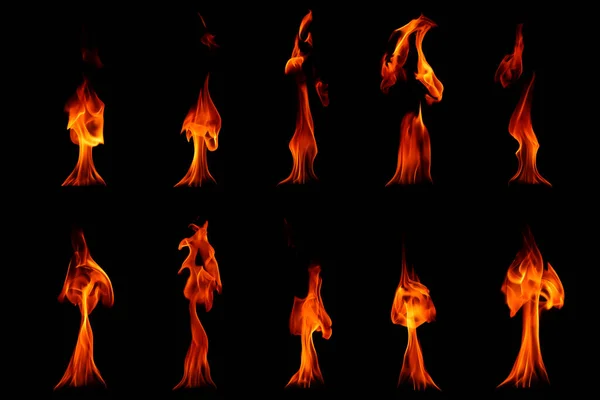 一堆堆抽象的热能 夜间燃烧红色 橙色和黄色的燃料 非常热 在黑色的背景上隔绝 — 图库照片