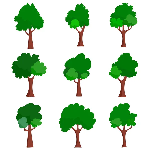 Colección Racimos Árboles Verdes Planos Con Sombras Hojas Plantas Naturaleza — Vector de stock