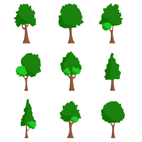 Коллекция Зеленых Плоских Деревьев Тенями Листьев Растений Природы Изолированный Белом — стоковый вектор