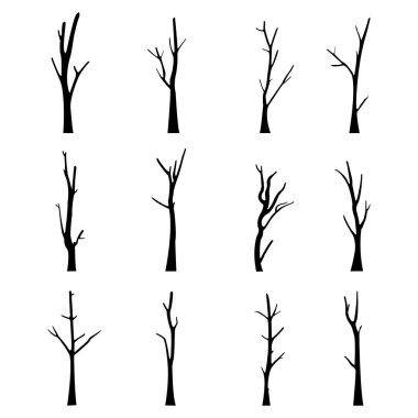 Korkunç yaprakları olmayan eski, çıplak ağaç silueti. El çizimi. Beyaz arka planda izole edilmiş. vektör illüstrasyonu