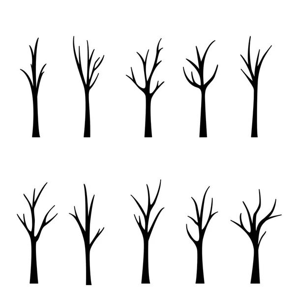 Antiguo Conjunto Silueta Árbol Muerto Desnudo Sin Hojas Miedo Mano — Vector de stock