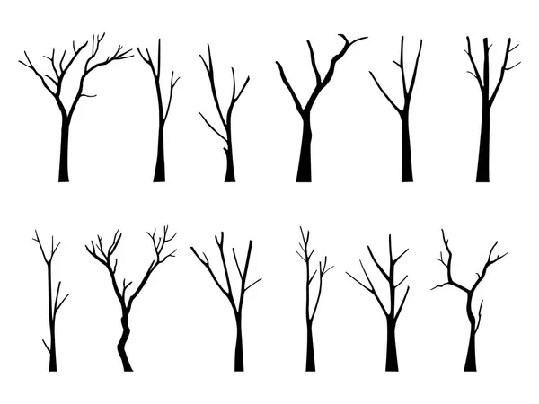 Old Bare Dead Tree Silhouette Set Scary Leaves Hand Drawn — Stock Vector