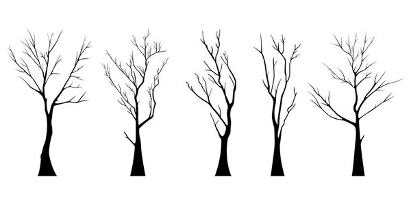 Old bare dead tree silhouette set without scary leaves. Hand drawn. Isolated on white background. vector illustration