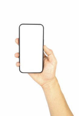Erkek el, akıllı telefonu boş ekran, modern çerçevesiz tasarımı dikey tutuyor. beyaz arkaplanda izole edilmiş