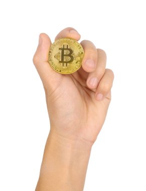 Beyaz arka planda izole edilmiş bitcoin para tutan el hareketi ve erkek sembolü. Lamphun, Tayland - 08. 02 numara. 2021