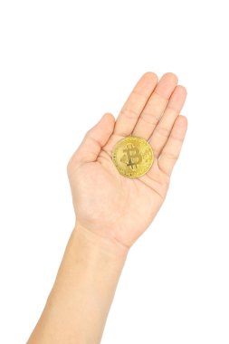 Beyaz arka planda izole edilmiş bitcoin para tutan el hareketi ve erkek sembolü. Lamphun, Tayland - 08. 02 numara. 2021