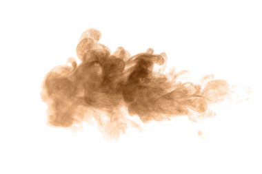 Kahverengi toz patlaması. Doku soyut ve su sıçramaları yüzüyor. beyaz arkaplanda