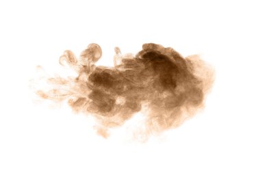 Kahverengi toz tozu patlaması. Doku soyut ve su sıçramaları yüzüyor. beyaz arkaplanda